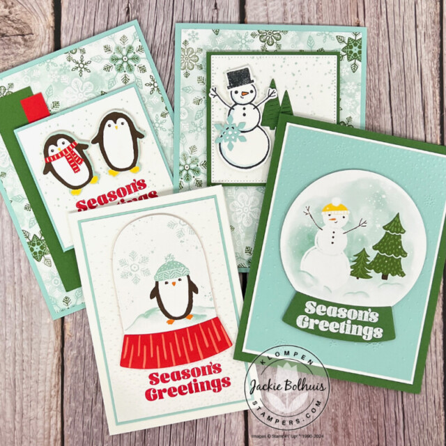 Holiday season card ideas to make using the Stampin' Up! Snowy Wonder Bundle and Snowy Scenes DSP.