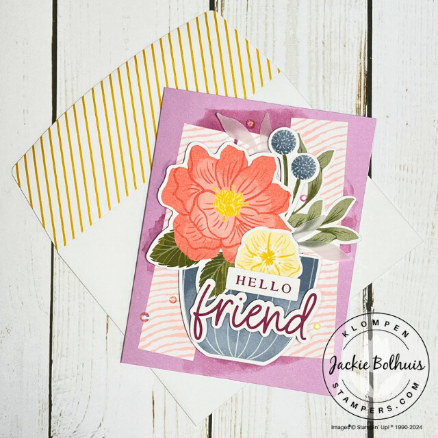 A handmade card for any occasion, with a flower pot and a sentiment that says hello friend.