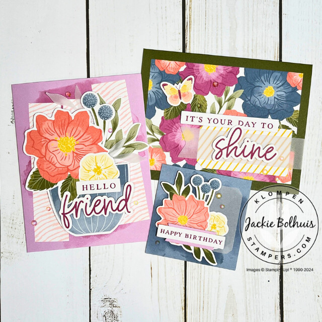 The three cards made from the Stampin' Up! Your Day To Shine all-inclusve card kit.