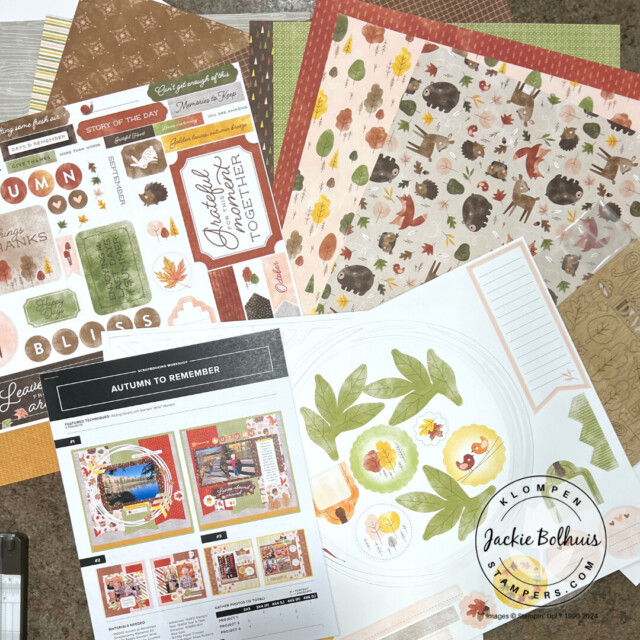 The contects of the Stampin' Up! Autumn to Remember scrapbooking kit lying on a table.