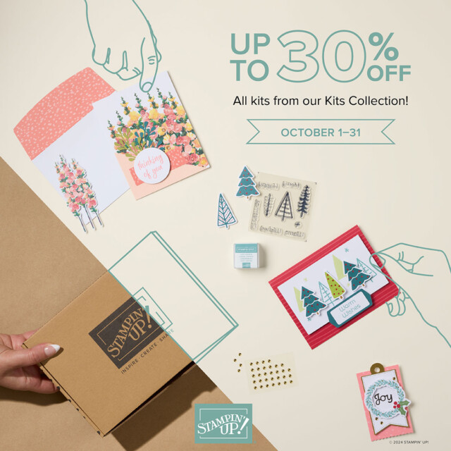 A promotional graphic for Stampin' Up! Kits Collection to say all kits are up to 30% off in October 2024.