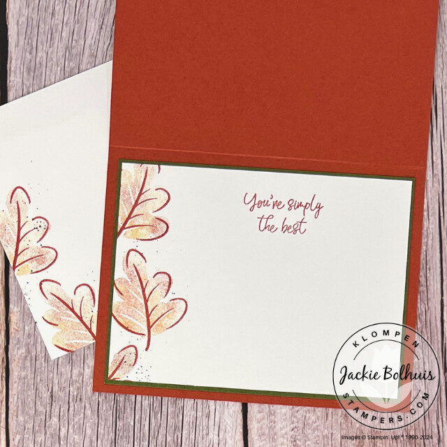 The inside of the handmade card stamped with the Stampin' Up! stamp set Caring Leaves.
