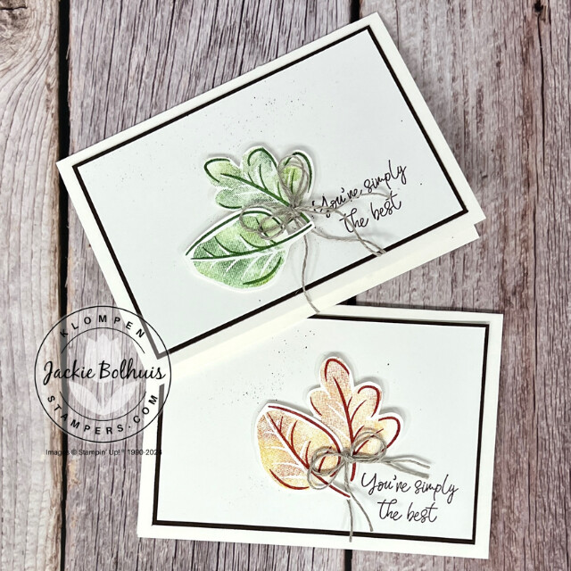 Two of the same stamped cards using baby wipes as an ink pad. Cards are created with the Stampin' Up! stamp set Caring Leaves, and one card has green leaves while the other has red and orange leaves.