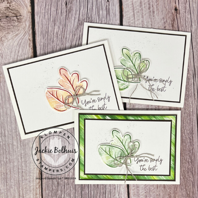 Three handmade cards designed with the Stampin' Up! stamp set Caring Leaves. Cards are creating with a fun and easy card making technique that uses baby wipes and reinkers to create multicolored ink pads.