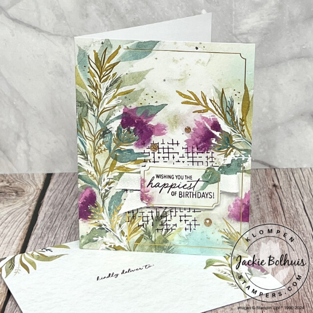 A heartfelt birthday card to send a loved one made from the Expression of Kindness card kit. Card has watercolored floral images on the card base.