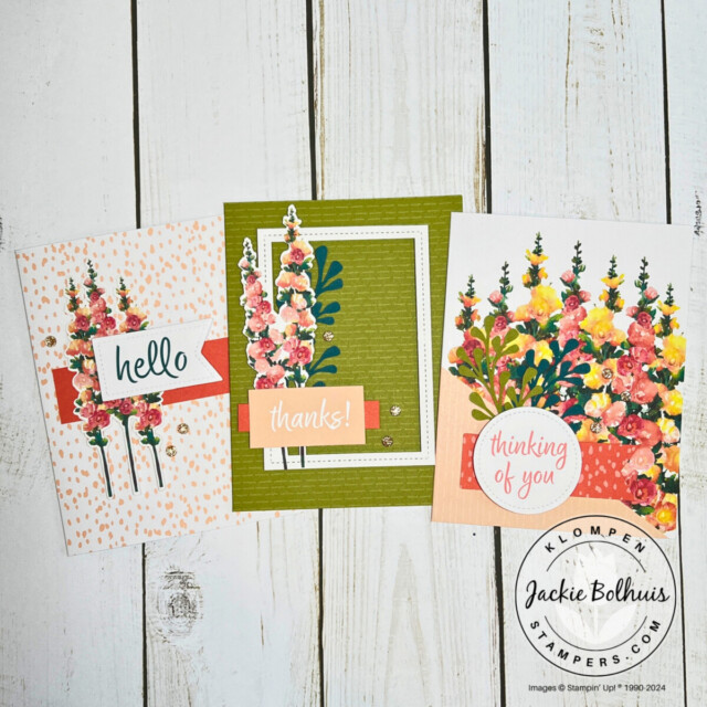 The three handmade cards designed from the Stampin' Up! Hello Hollyhocks card kit.