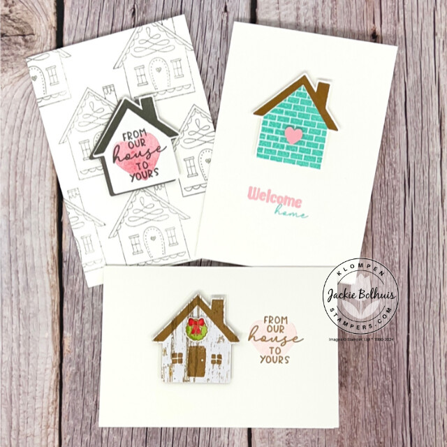 Three handmade cards designed for an easy cards for beginners project to learn how to design cards with minimum supplies. Cards are designed with a small house image and a stamped heart.
