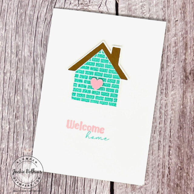 Stamp with a SIP (stamps, ink, and paper) card idea designed with the Stampin' Up! Humble Home Bundle. A small blue brick house with a brown roof and a little pink heart.