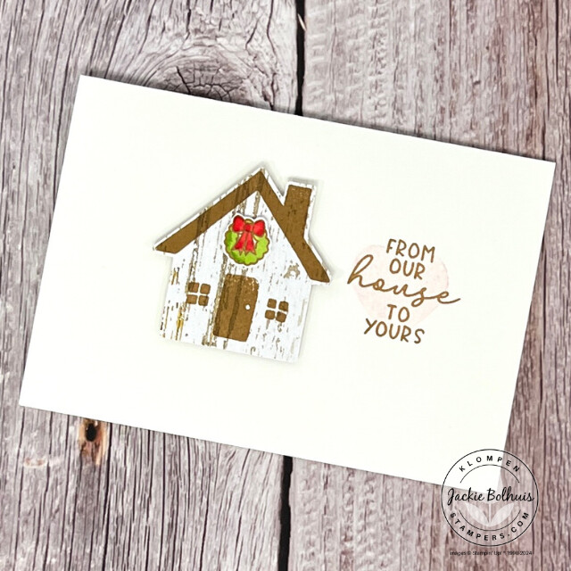 Stamp with a SIP (stamps, ink, and paper) card idea designed with the Stampin' Up! Humble Home Bundle. Small house stamped in brown with a small Christmas reef. 