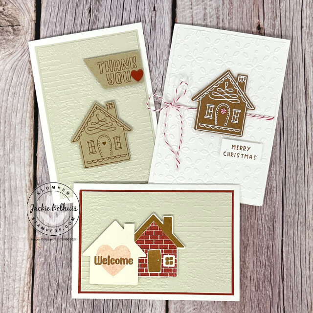 Stepped-up card designs created with the Stampin' Up! Humble Home Bundle. Cards are all neutral toned with a small stamped house.