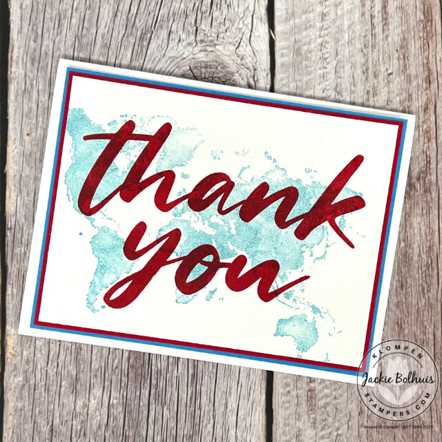 A military appreciation card with a white card base, a blue and red paper layer, and a large "thank you" stamped in red on top of a blue watercolored world image.
