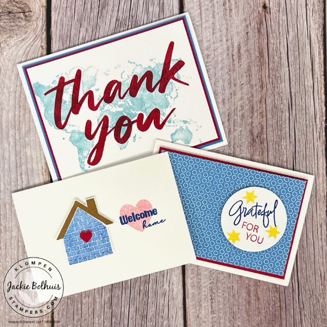 Three different military cards to make for Veterans Day. Each card is designed with different stamps, but all are created with red, white, and blue paper and ink.