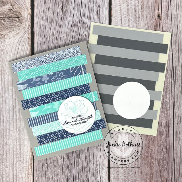 Handmade card designed with the stamp set Love & Strength lying on top of the card template it was inspired from.