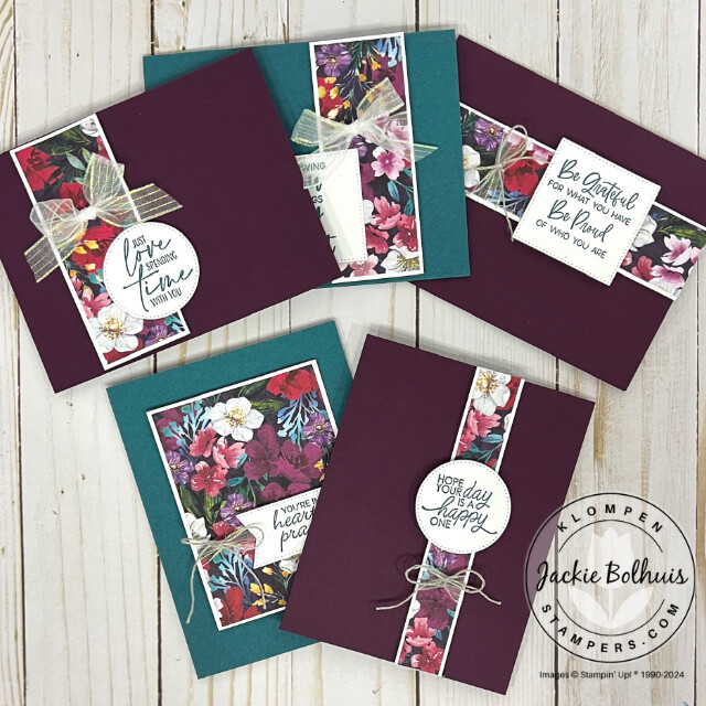 Five handmade cards that are designed with the Stampin' Up! Regal Winter Designer Series Paper, but from a different card making project one sheet wonder pattern.