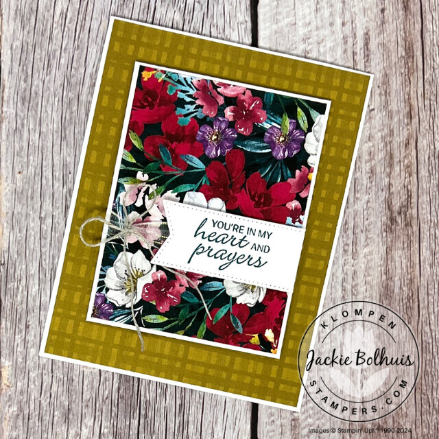 Handmade card designed with the Regal Winter DSP. Card is vertical with floral paper as it's focal image. Has a stamped sentiment on a tag and small bow.