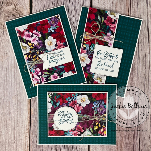 Three handmade cards designed from a One Sheet Wonder Pattern. Cards are created with the Stampin' Up! Regal Winter Designer Series Paper, each have a small stamped sentiment and a bow.