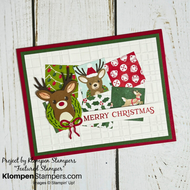 Handmade Christmas card designed with the Reindeer Fun stamp set and dies. Card has six different patterned papers squared to make a focal background with a reindeer on top.