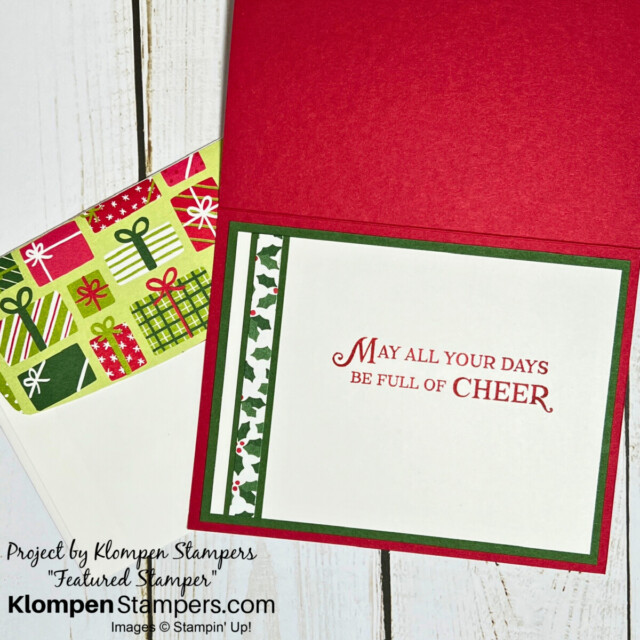 The inside of the handmade Christmas card with a coordinating envelope.