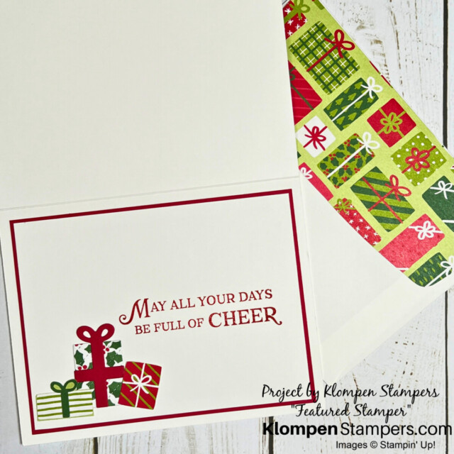 The inside of the handmade Christmas card with a coordinating envelope.