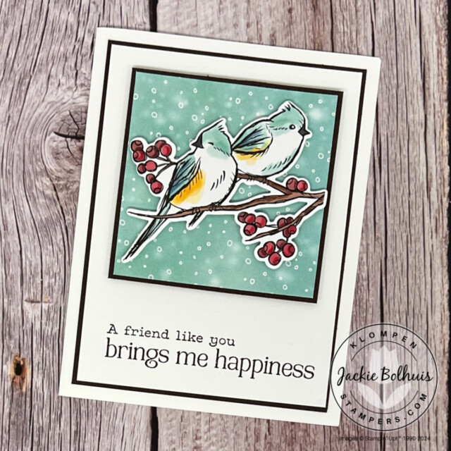 An all occasion card with a sentiment that says "a friend like you brings me happiness", and then two die cut birds sitting on top of a branch focal image.