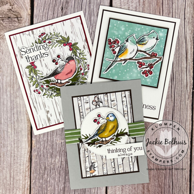Three winter themed cards designed with the Stampin' Up! Winterly Tree Tops Bundle and Nests of Winter DSP.