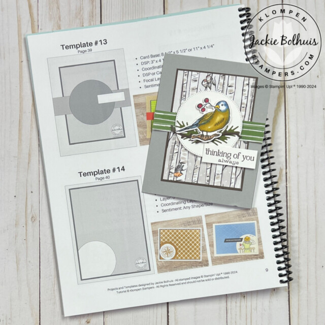 A thinking of you card lying on top of a card making template book. The card was designed by following the measurements of the template book. Card is designed with a winter themed and a bird focal image.