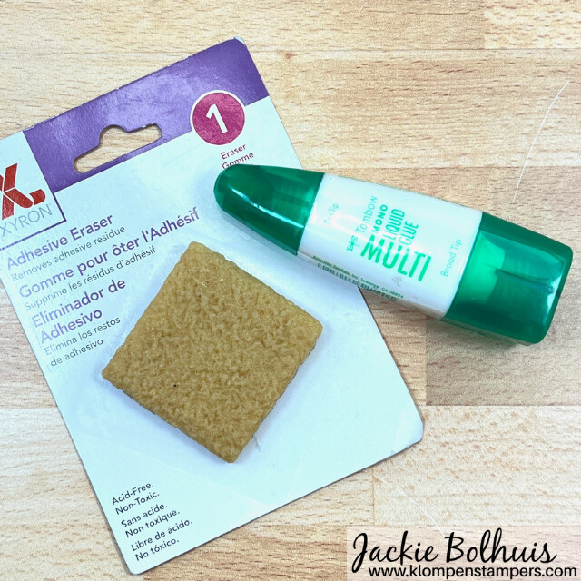 A card making essentials recommendation: an adhesive eraser for liquid glue.