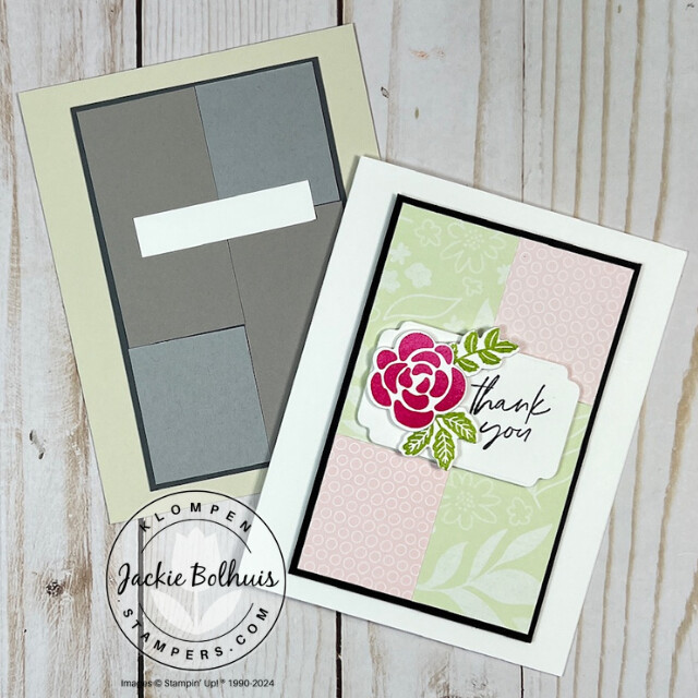 Handmade card created by following the measurements of a card template. Card is designed with the Stampin' Up! Hearts of Elegance Bundle. This is a thank you card with a small flower focal image.