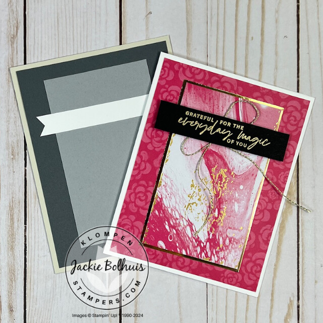 Handmade card created by following the measurements of a card template. Card is designed with the Stampin' Up! Hearts of Elegance Bundle. This card is pink with pink flowers and pink tie-dye with gold trim.
