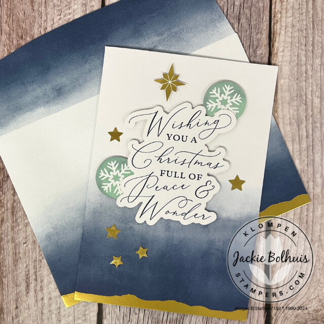 Christmas card designed with the Stampin' Up! Mix & Match products Gold Dipped Cards & Envelopes, Joyful Images Ephemera Pack, and Joyful Sayings Ephemera Pack. Card has a few snowflakes and starts with a large sentiment saying on it.