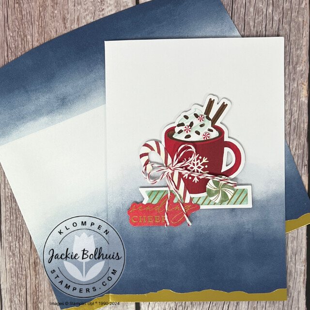 Christmas card designed with the Stampin' Up! Mix & Match products Gold Dipped Cards & Envelopes, Joyful Images Ephemera Pack, and Joyful Sayings Ephemera Pack. Card has a cup of hot cocoa on it.