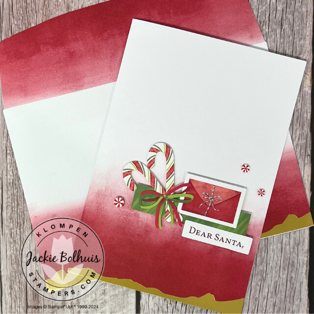 Christmas card designed with the Stampin' Up! Mix & Match products Gold Dipped Cards & Envelopes, Joyful Images Ephemera Pack, and Joyful Sayings Ephemera Pack. Card has candy canes and an envelope on it.