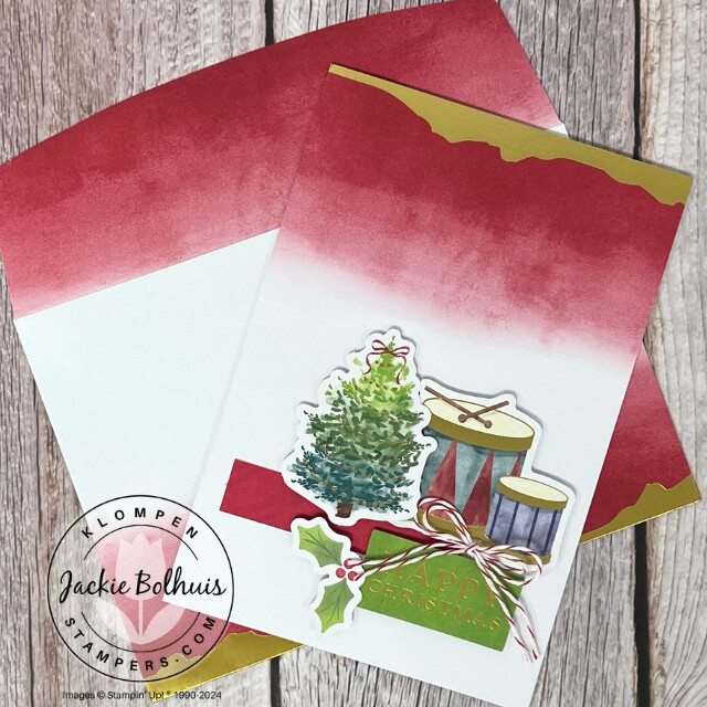 Christmas card designed with the Stampin' Up! Mix & Match products Gold Dipped Cards & Envelopes, Joyful Images Ephemera Pack, and Joyful Sayings Ephemera Pack. Card has a small tree and drum on it.