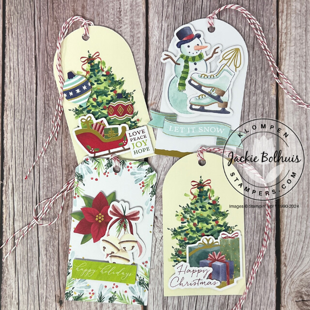 Four different gift tags designed with the Stampin' Up! Mix & Match Products Tags For The Season Ephemera Pack, Joyful Images Ephemera Pack, and Joyful Sayings Ephemera Pack. One tag has a Christmas tree and Santa's sleigh, the second tag has a snowman and ice skates, the third tag has a poinsettia and bells, and the fourth tag has a Christmas tree and presents.