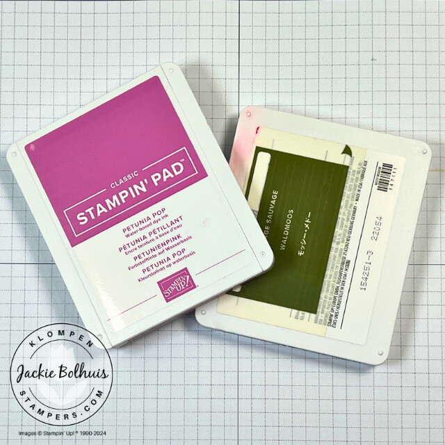 A purple and a green Classic Stampin' Pad. These are the core inks for card making to stamp with, as explained in class 2 of the card making 101 series.