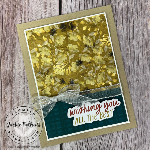 A no stamping card idea that uses Designer Series paper for the focal image of the card and a sentiment from the Saying Something Ephemera Pack.
