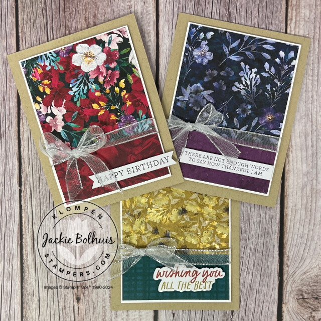 Three handmade cards from a no stamping needed card project that uses DSP and ephemera.