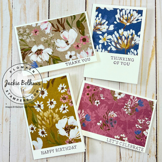 Four handmade note cards designed with Stampin' Up! Designer Series Paper. And easy card making project shown in class 3 of card making 101, all about paper for card making.