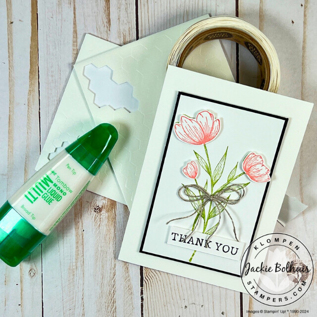 Jackies three recommended adhesives for card making: multipurpose liquid glue, stampin' dimensionals, and mini glue dots. Along with a handmade card that used all three adhesives.