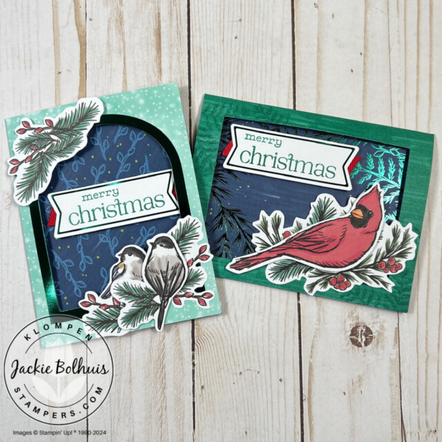 The two handmade Christmas cards made from the Stampin' Up! October Paper Pumpkin craft box.