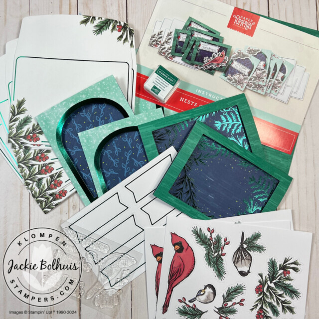Contents of the Stampin' Up! October Paper Pumpkin craft box lying on a table.