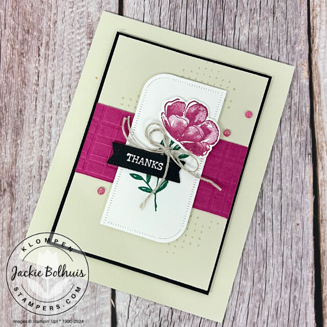 A handmade card designed with the Stampin' Up! Regal Flora Bundle. Card has a small diet cut flower with a small thanks sentiment.