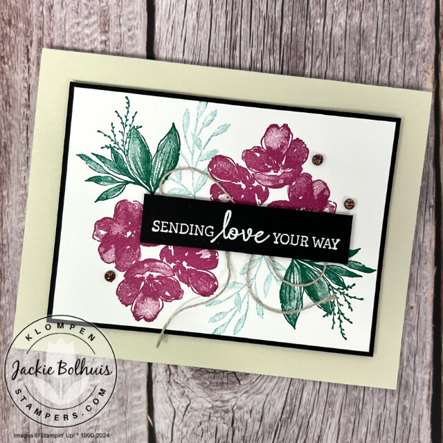 A handmade card designed with the Stampin' Up! Regal Flora Bundle. Card has stamped floral images with a heat embossed sentiment.