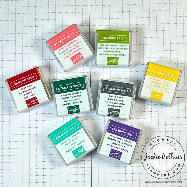 The eight Stampin' Spots that come in the assortment pack explained in class 2 of the card making 101 series.