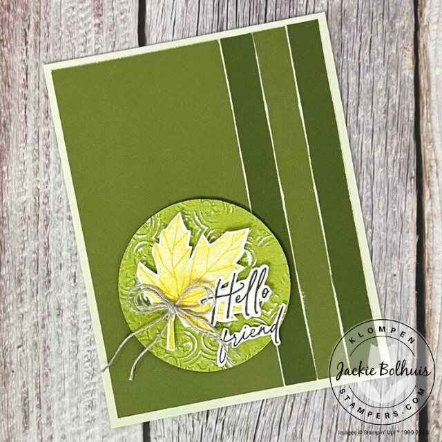 Fall themed card designed with Two-Toned Cardstock and the Stampin' Up! Autumn to Remember stamp set. Card background has two different shades of green. Card focal image is a yellow stamped leaf.