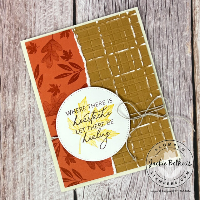 Fall themed card designed with Two-Toned Cardstock and the Stampin' Up! Autumn to Remember stamp set. Card has a tone on tone stamped background on one side and a distressed plaid background on the other side.