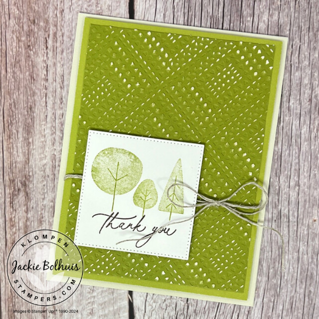 Fall themed thank you card designed with Two-Toned Cardstock and the Stampin' Up! Autumn to Remember stamp set. Card has a distressed pattern background and three small stamped trees.