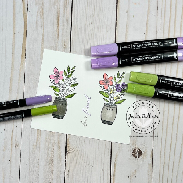 The two colored flower images from Card Making 101, Class 9: Coloring Basics For Card Making, to show the differences between coloring with Stampin' Blends and Stampin' Write markers.