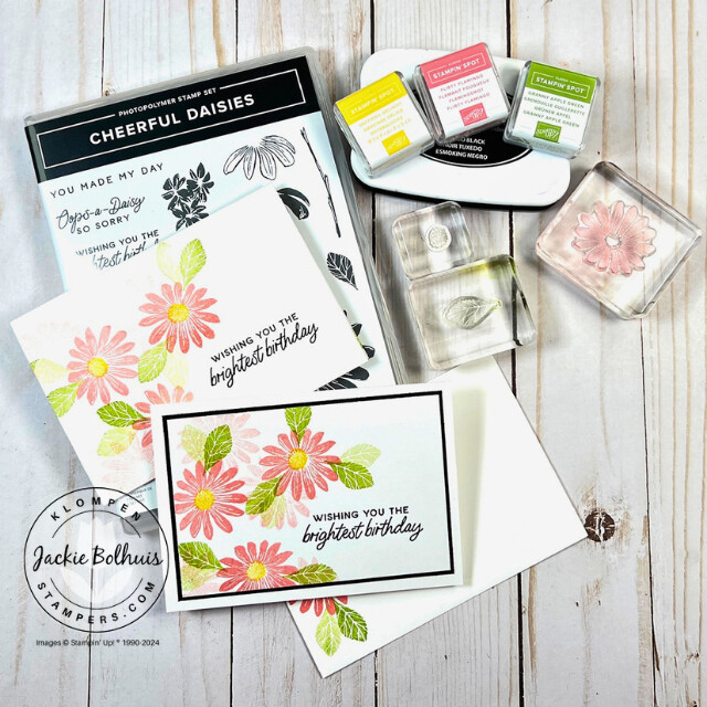 The handmade cards made in Card Making 101, Class 7, Start With A SIP. Cards are designed with the Stampin' Up! Cheerful Daisies stamp set.