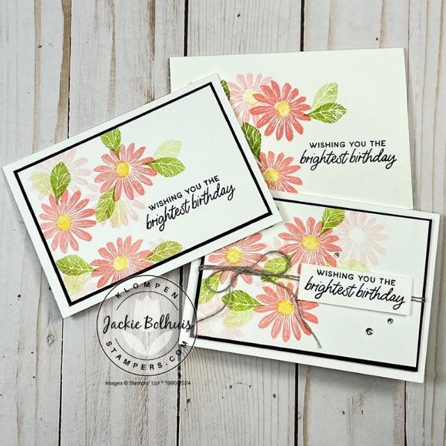 Three handmade cards from the Card Making 101, Class 1: Simple Ways To Step Up Your Cards video tutorial. Cards are designed with Stampin' Up! stamp set Cheerful Daisies.